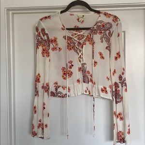 Lace up floral crop blouse